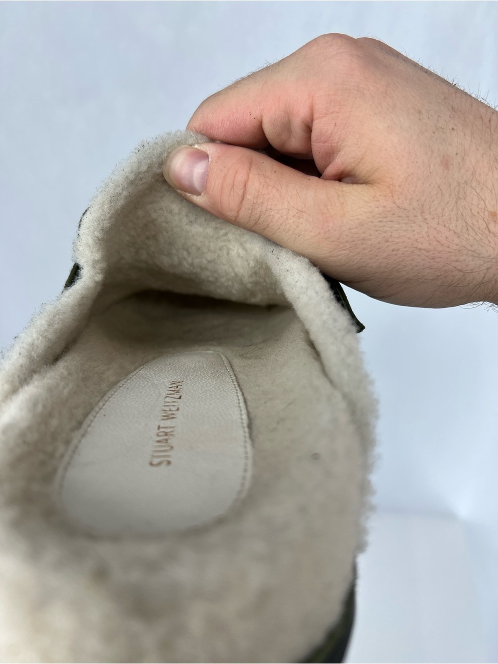 Stuart Weitzman Olive Green Suede Shearling-Trim Mules with Gold Ring - Picture 10 of 11